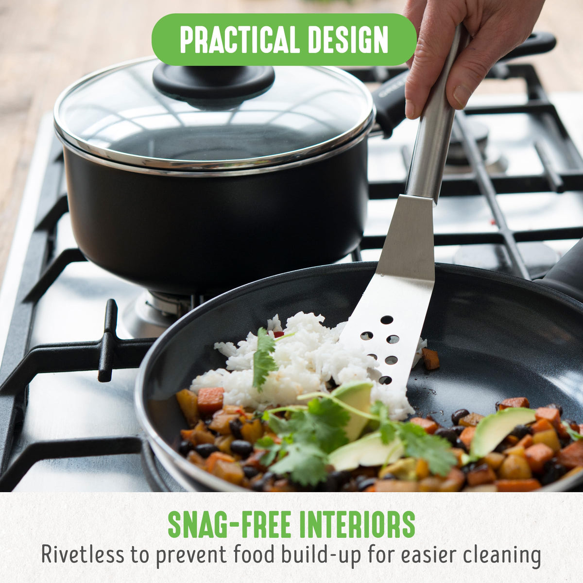 GreenLife cookware on a non-induction stovetop, oven safe to 350°F