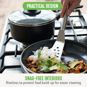 GreenLife cookware on a non-induction stovetop, oven safe to 350°F