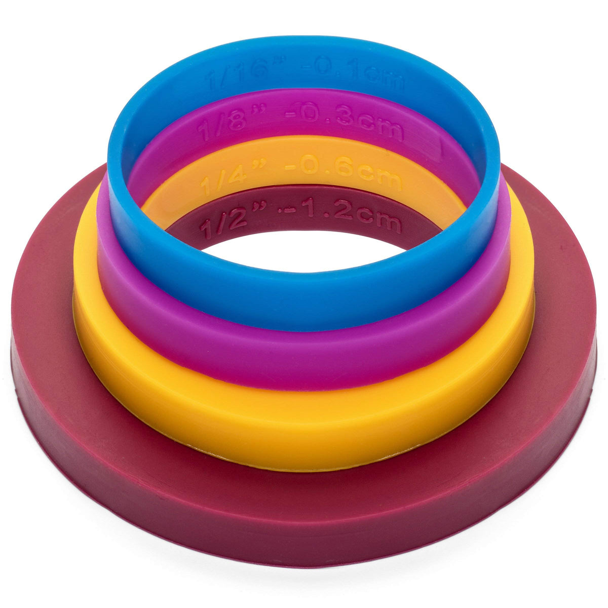 GreenOlive multicolor bands on a rolling pin showing color-coded widths