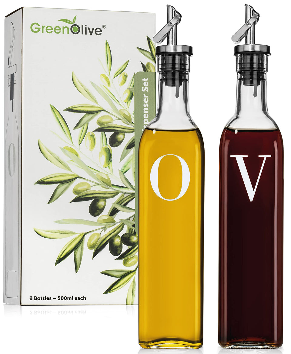 GreenOLIVE olive oil dispenser with no-drip spout for clean pouring and elegant kitchen display