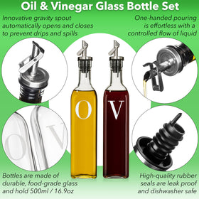 GreenOLIVE vinegar dispenser showcases 17oz glass bottle with leak-proof spout for precise serving