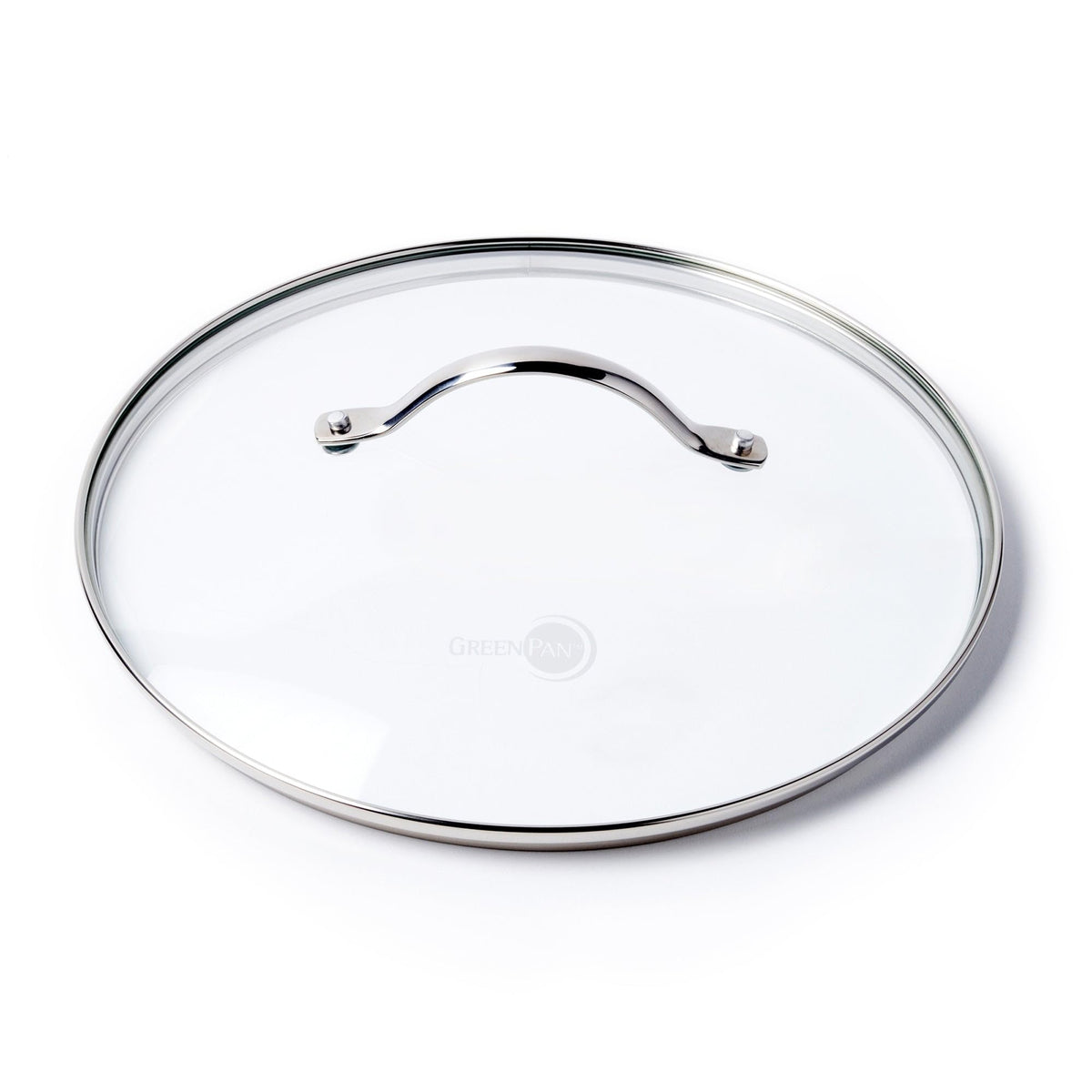 GreenPan 12-inch glass lid with stainless steel handle for easy food monitoring.