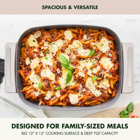 Large cooking surface in GreenPan Advanced skillet ideal for batch meals.