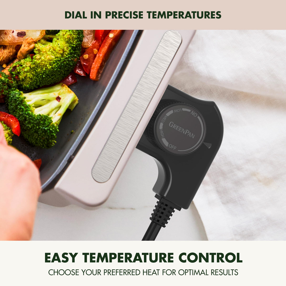 GreenPan skillet with cool-touch handles for safe transfer.