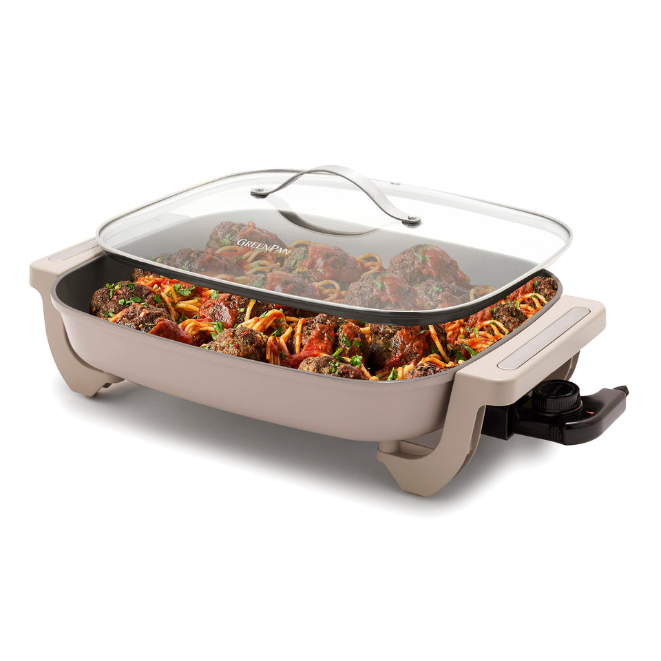 GreenPan Advanced electric skillet top view showing the large cooking surface for family meals.
