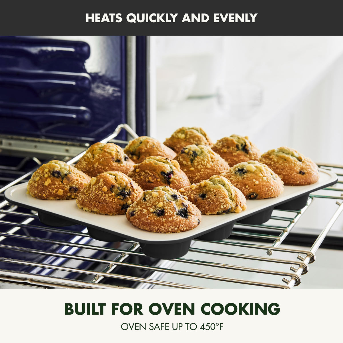 GreenPan Bakewell 12-Cup Muffin Pan baked muffins with golden edges and uniform rise.