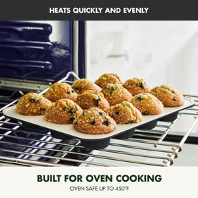 GreenPan Bakewell 12-Cup Muffin Pan baked muffins with golden edges and uniform rise.