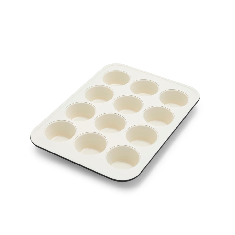 GreenPan Bakewell 12-Cup Muffin Pan cups for bakery-style muffins with even heat.