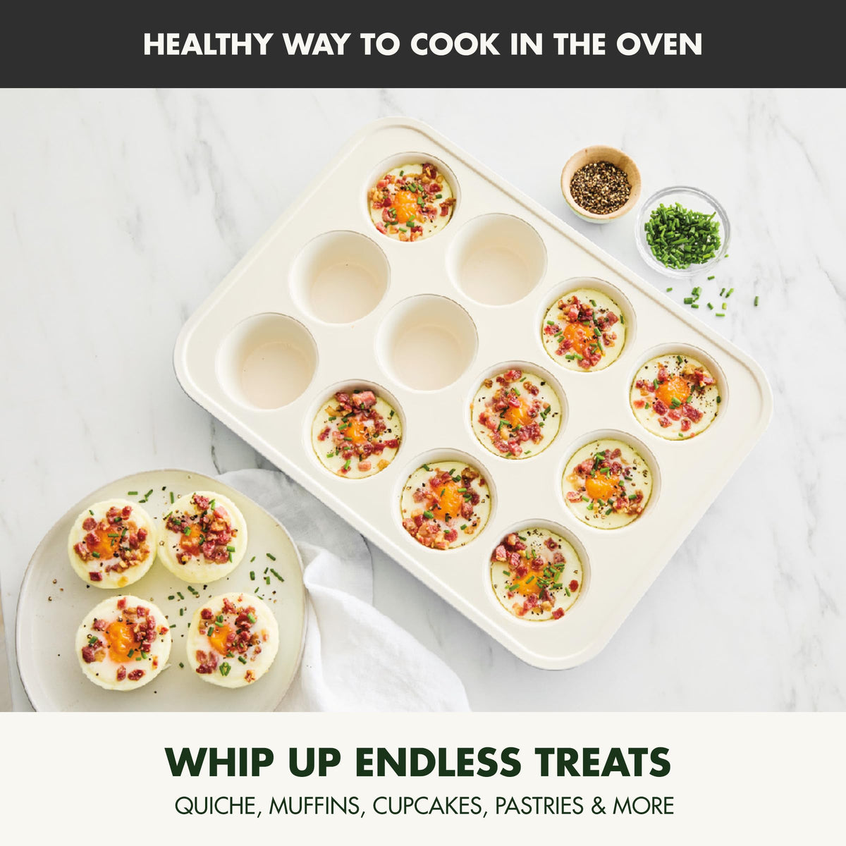 GreenPan Bakewell 12-Cup Muffin Pan nonstick coating aids easy release and quick cleanup.