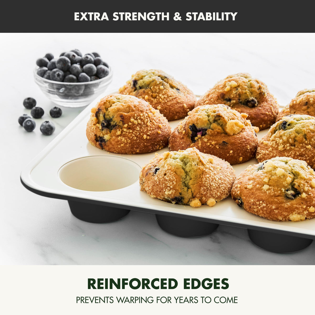 GreenPan Bakewell 12-Cup Muffin Pan side view highlighting reinforced rim and sturdy build.