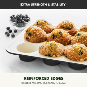 GreenPan Bakewell 12-Cup Muffin Pan side view highlighting reinforced rim and sturdy build.