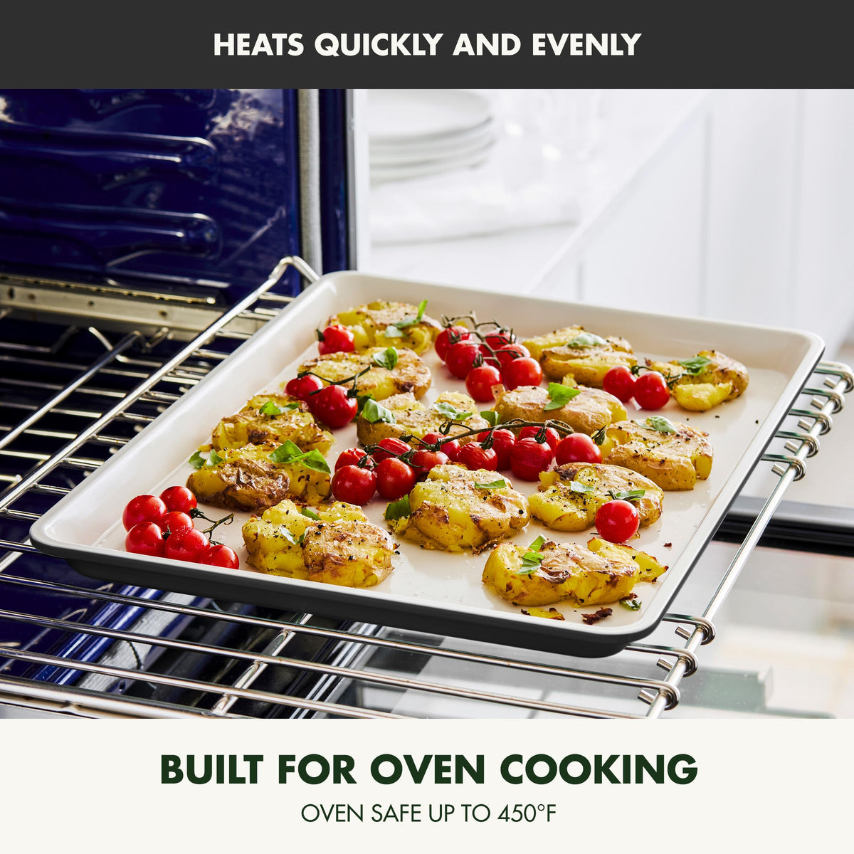 GreenPan Bakewell reinforced rims resist warping during high-heat roasting.