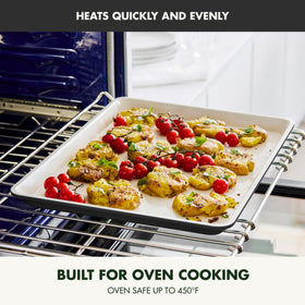 GreenPan Bakewell reinforced rims resist warping during high-heat roasting.