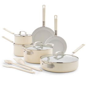 GreenPan Bobby Flay 13-piece set lids view shows durable, crystal-clear glass lids for easy monitoring.