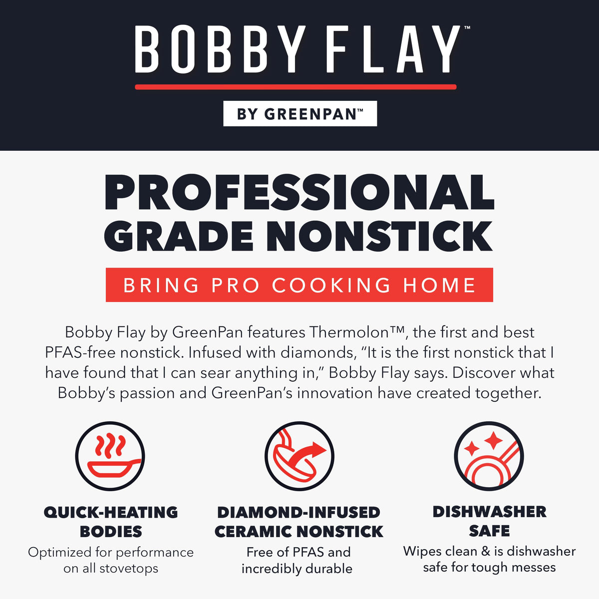 GreenPan Bobby Flay 4.52qt sauté pan with helper handle offers controlled tossing and searing.