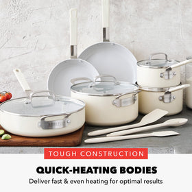 GreenPan Bobby Flay 5qt stockpot with lid enables flavorful soups, simmering, and easy monitoring.
