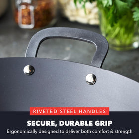 GreenPan carbon steel close-up emphasizes toxin-free, durable construction.