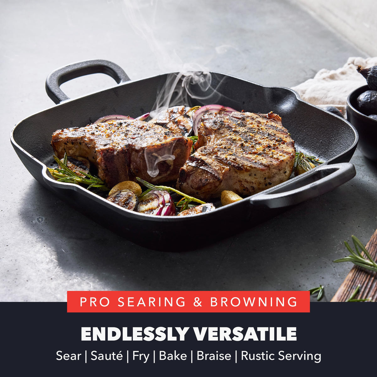 GreenPan Bobby Flay grill pan handle close-up shows sturdy ergonomic grip for precise control