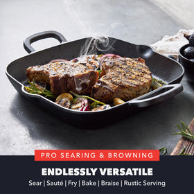 GreenPan Bobby Flay grill pan handle close-up shows sturdy ergonomic grip for precise control