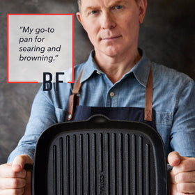 GreenPan Bobby Flay grill pan on stove with vegetables illustrating indoor grilling versatility