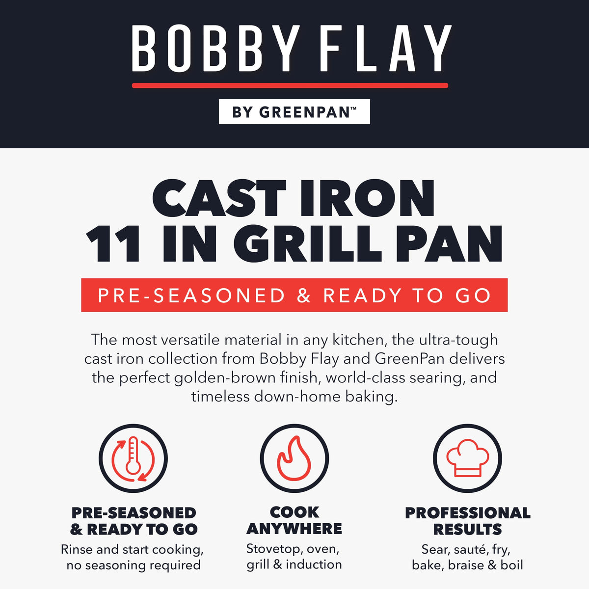 GreenPan Bobby Flay cast iron grill pan over open flame for smoky indoor-outdoor grilling