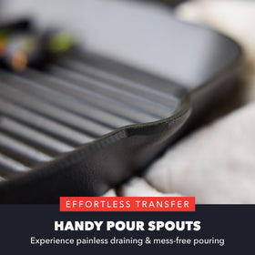 GreenPan Bobby Flay grill pan side profile emphasizes pour spouts and easy draining