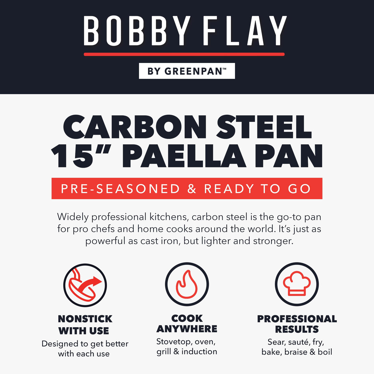 GreenPan x Bobby Flay paella pan outdoor cooking with a colorful paella dish.