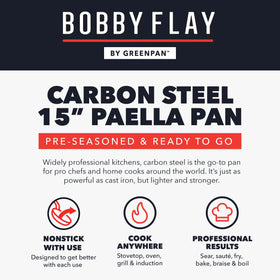 GreenPan x Bobby Flay paella pan outdoor cooking with a colorful paella dish.