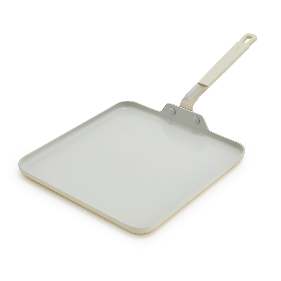 GreenPan Bobby Flay square griddle 11-inch cream for even sear and rapid heating.