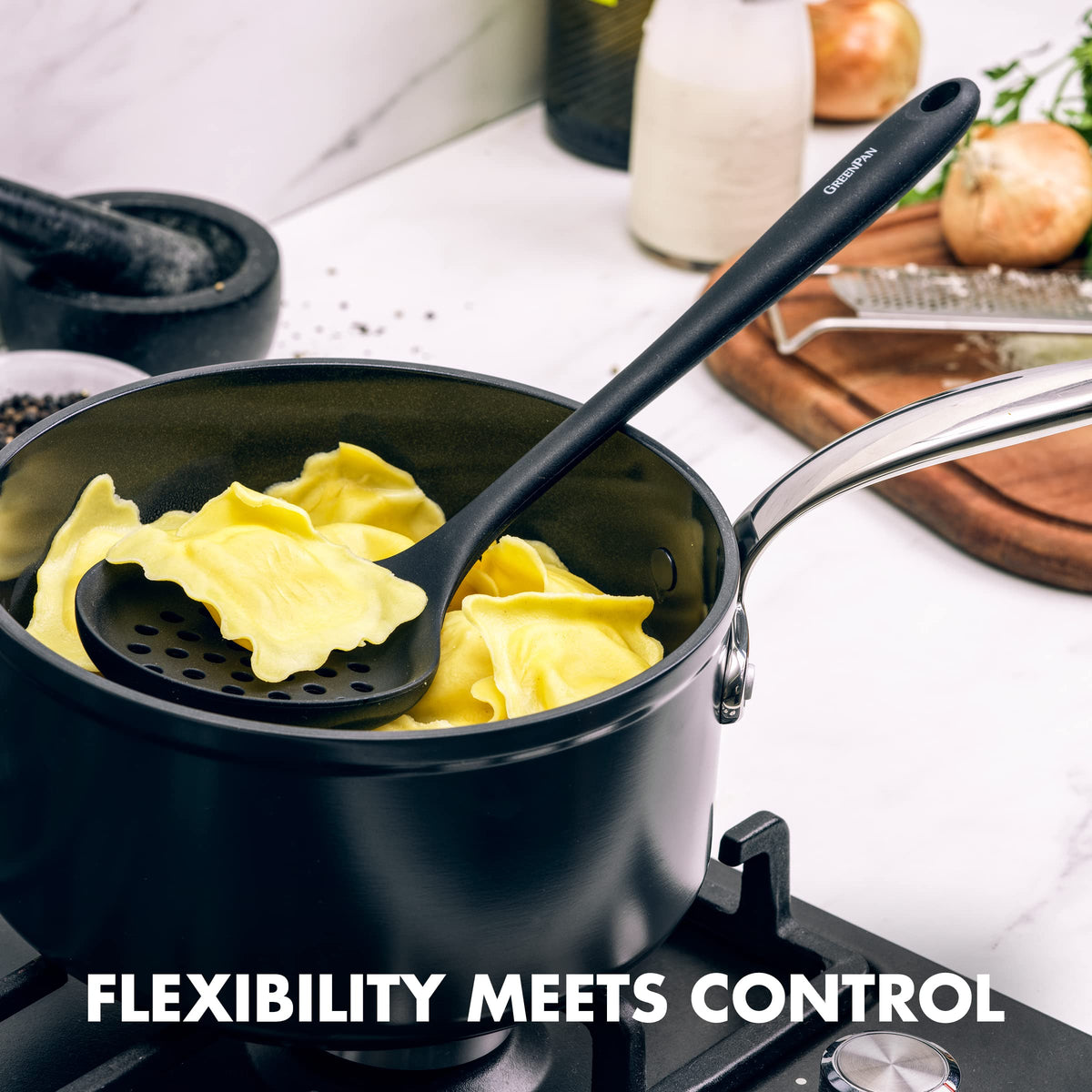 GreenPan utensils feature comfortable grips for confident flipping, turning, and stirring.