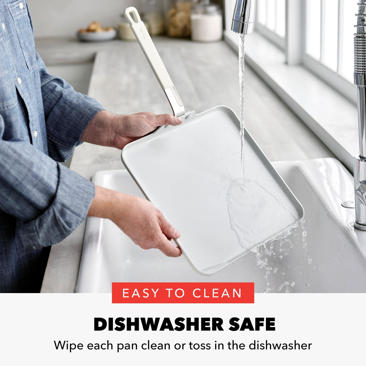 Dishwasher-safe cream GreenPan griddle for quick post-meal cleanup.