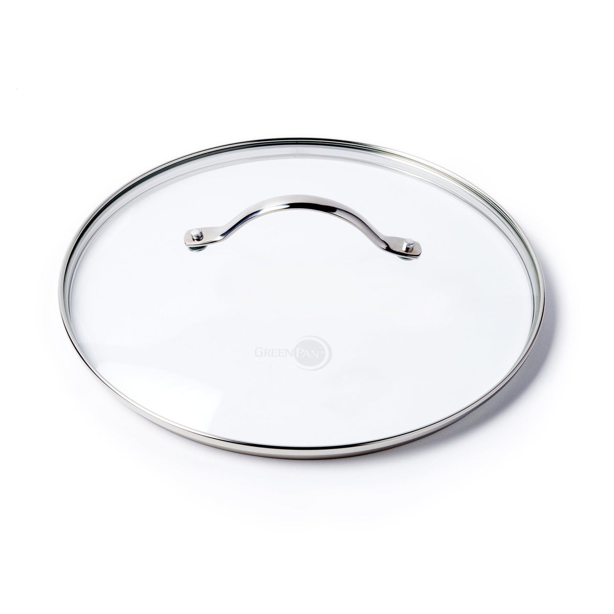 GreenPan glass lid with stainless steel handle for monitoring cooking while sealing heat.