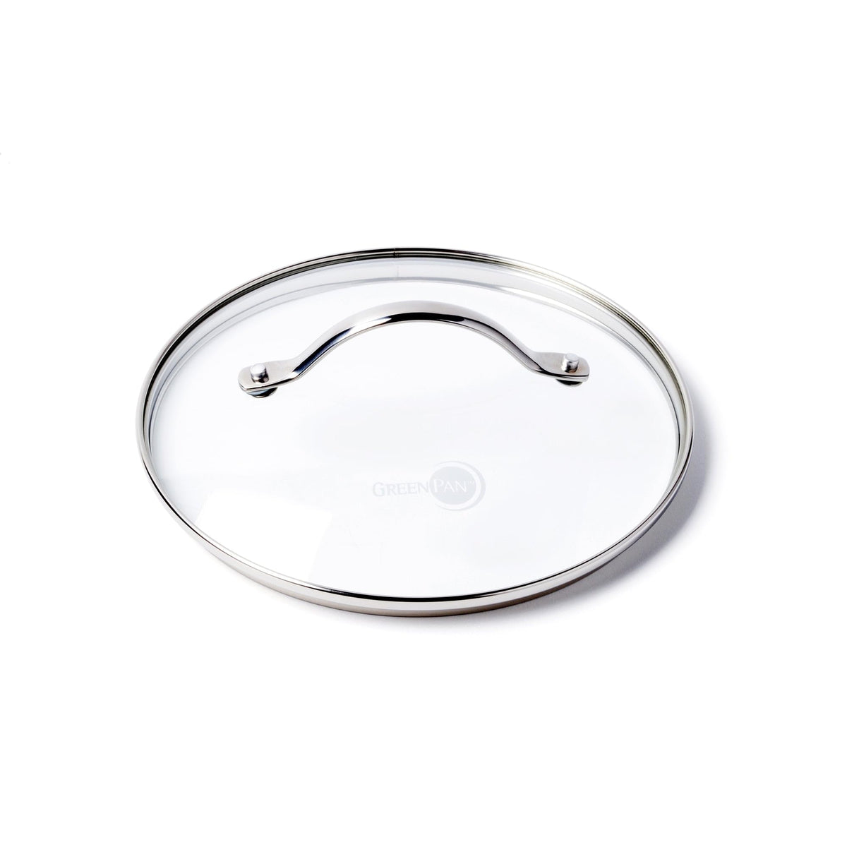 GreenPan glass lid with stainless steel handle on an 8-inch pan for easy heat control.