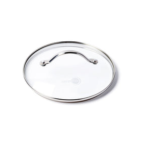 GreenPan glass lid with stainless steel handle on an 8-inch pan for easy heat control.