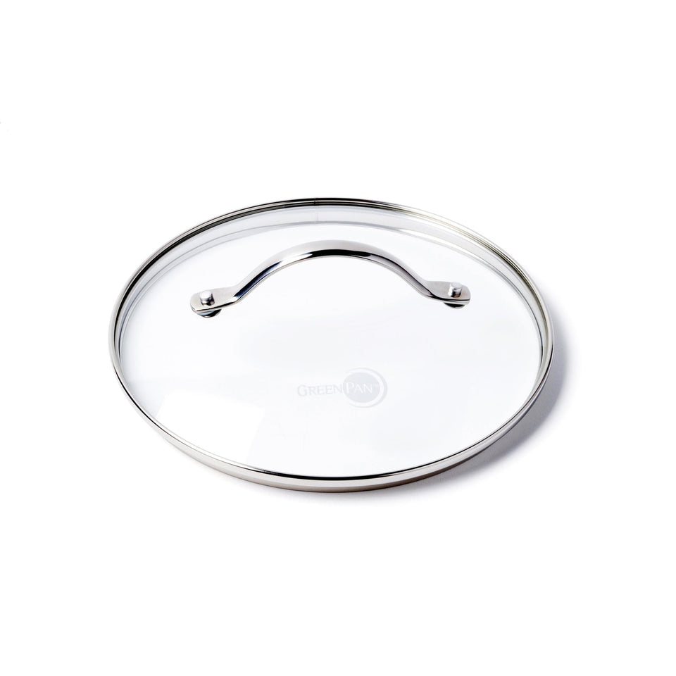 GreenPan glass lid with stainless steel handle on an 8-inch pan for easy heat control.