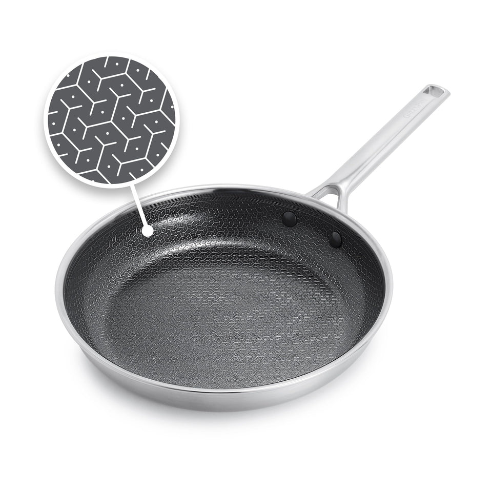 GreenPan Hybrid 10-inch nonstick pan on stove showing even searing