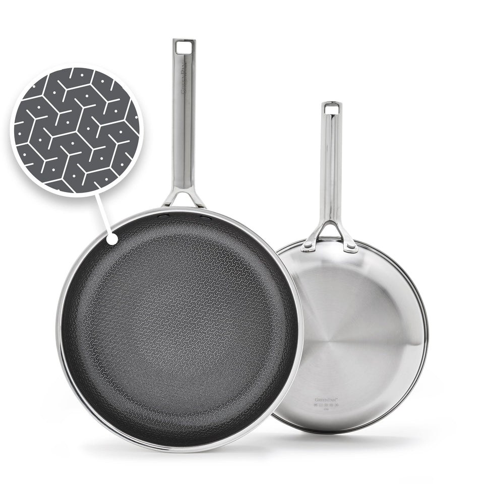 GreenPan Hybrid 9.5-inch frying pan for even browning and easy release.