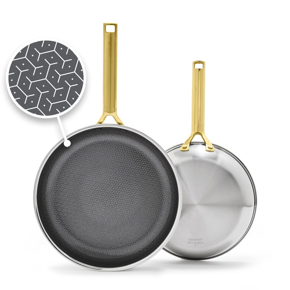GreenPan Hybrid 9.5-inch pan close-up highlighting easy searing and durable nonstick.