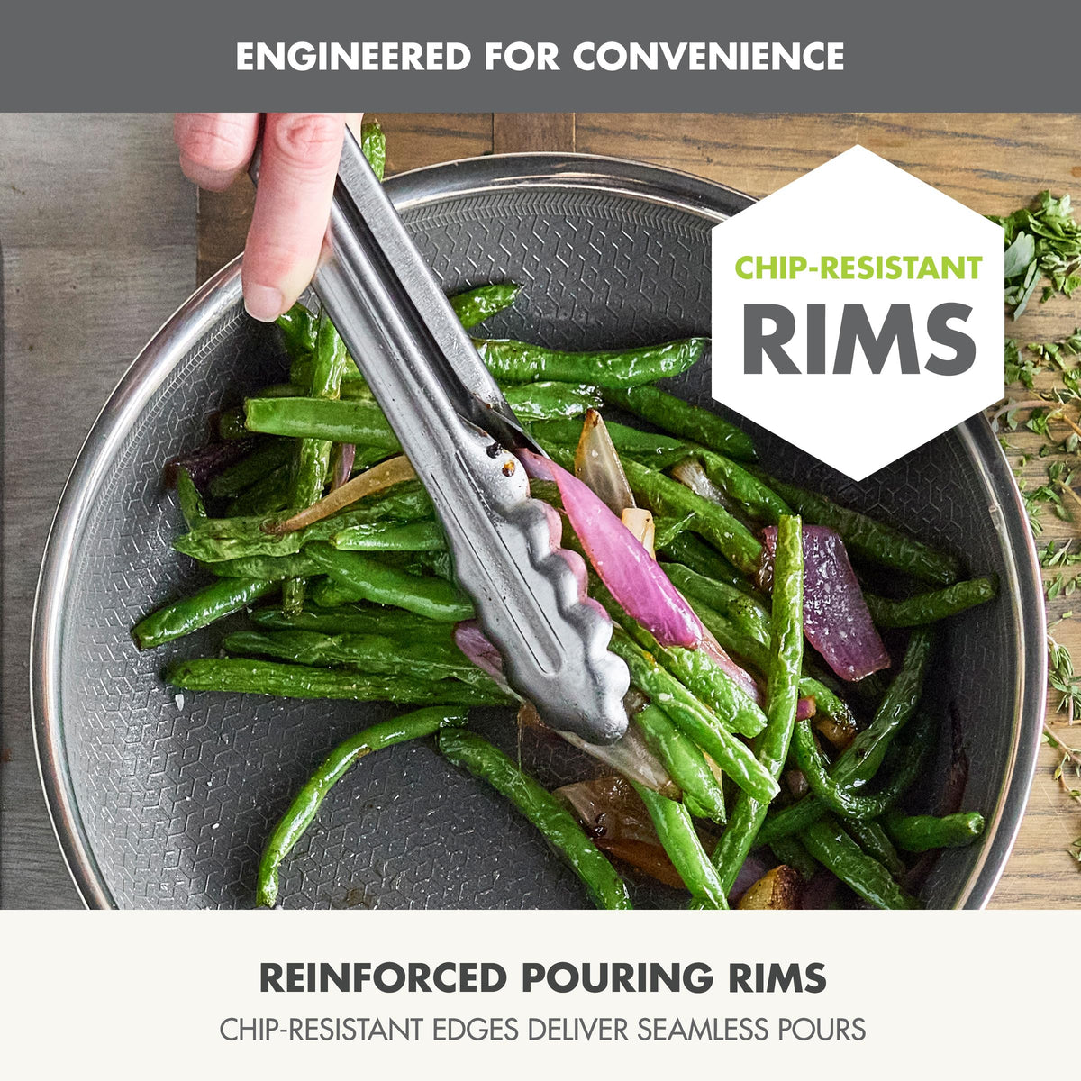 GreenPan Hybrid etched stainless pattern improves heat distribution for even browning.