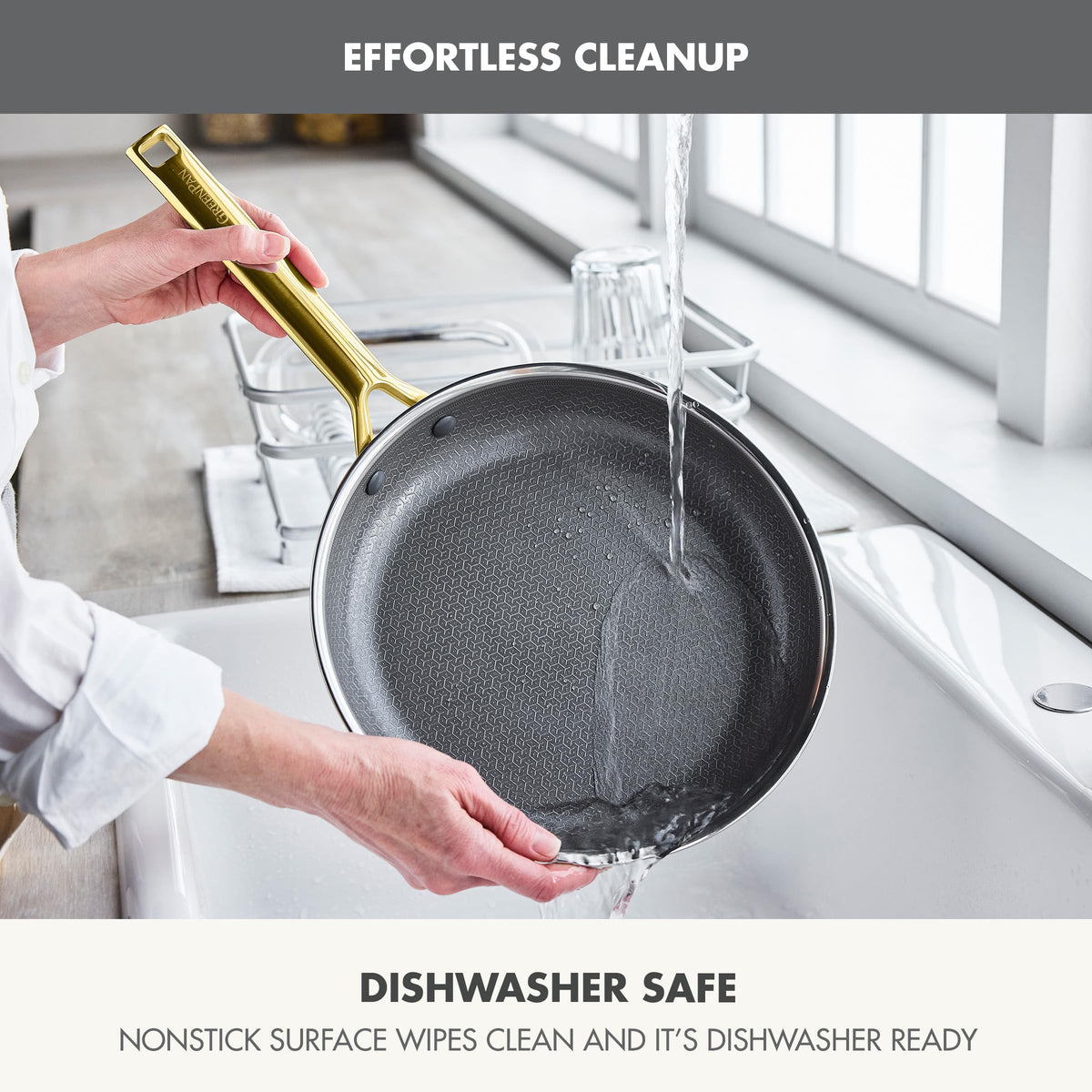 GreenPan Hybrid heat-etched surface promotes fast, even cooking across foods.