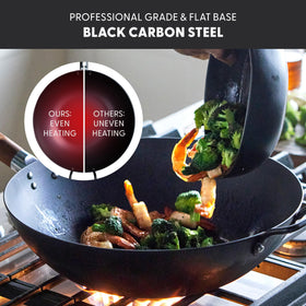 GreenPan Kyoto carbon steel wok with ash wood handle for comfortable grip.