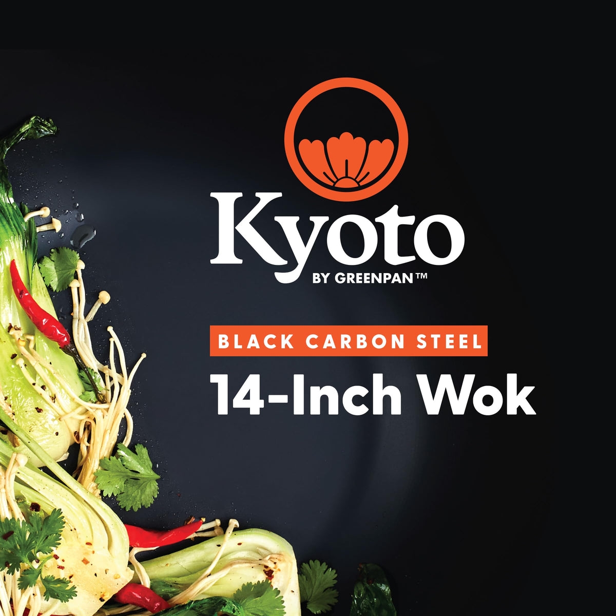GreenPan Kyoto wok with wide helper handle ready to serve meals.