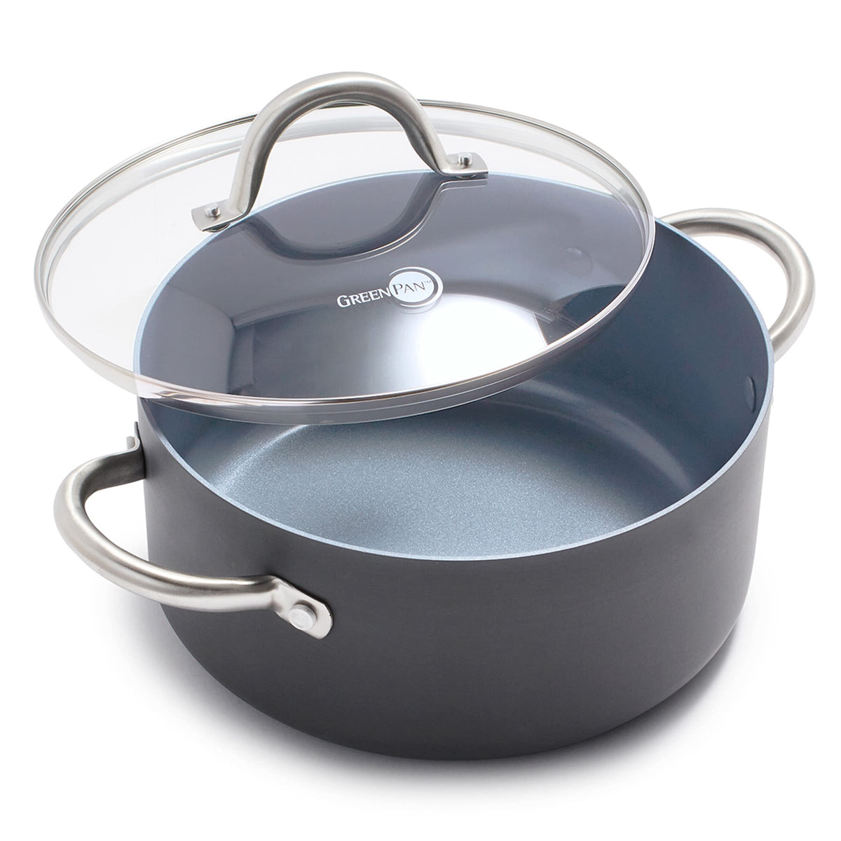 GreenPan Lima 5.2qt stock pot with glass lid for easy heat monitoring.