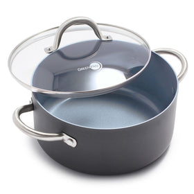 GreenPan Lima 5.2qt stock pot with glass lid for easy heat monitoring.
