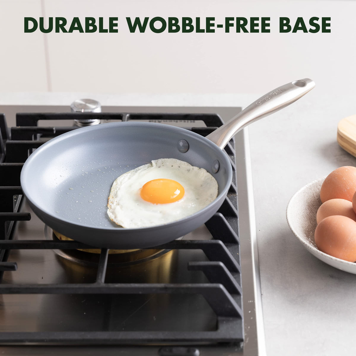 GreenPan Lima ceramic nonstick coating closeup demonstrates easy food release.