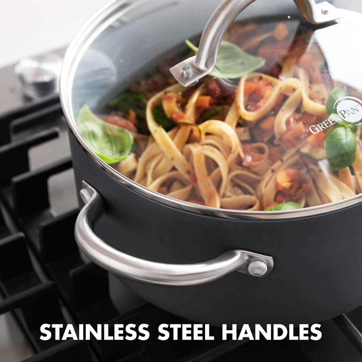 GreenPan Lima stock pot handle with ergonomic grip for comfortable cooking.