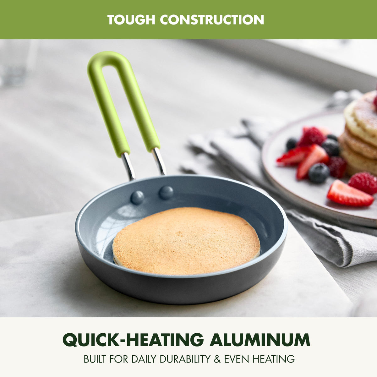 GreenPan Mini stay-cool handle with silicone sleeve for safe, confident grip