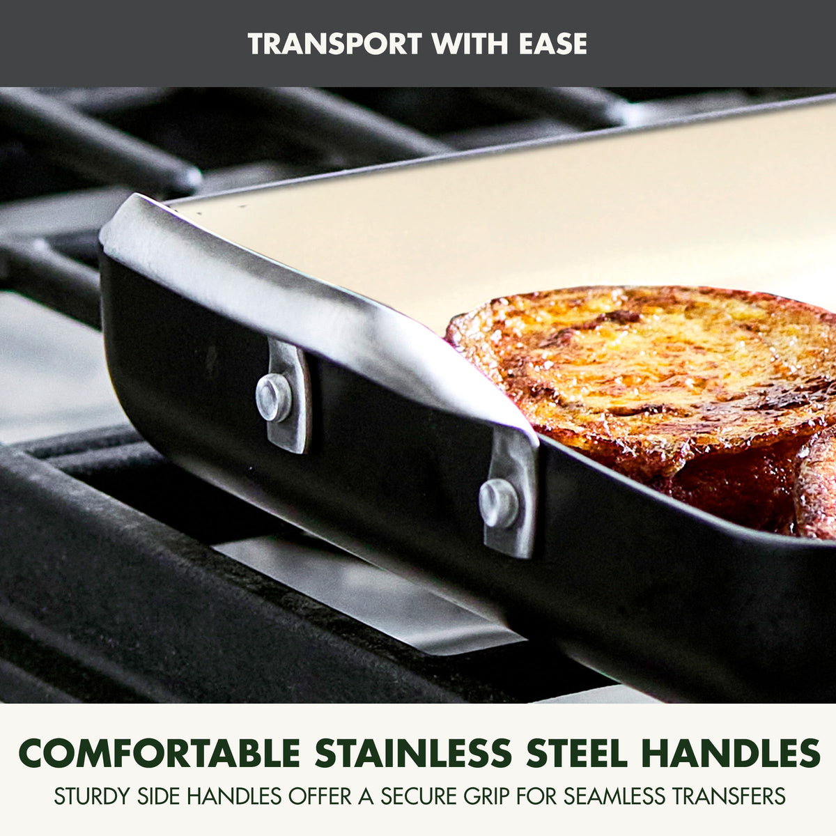GreenPan pan is oven-safe up to 350°F for versatile browning and finish.