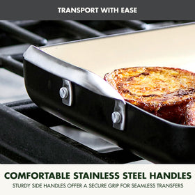 GreenPan pan is oven-safe up to 350°F for versatile browning and finish.