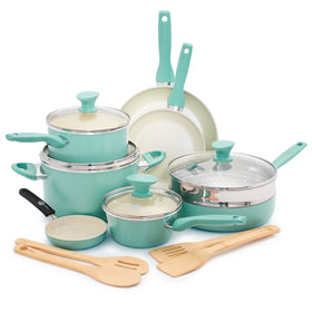 GreenPan Rio 16pc cookware set in turquoise for versatile cooking.